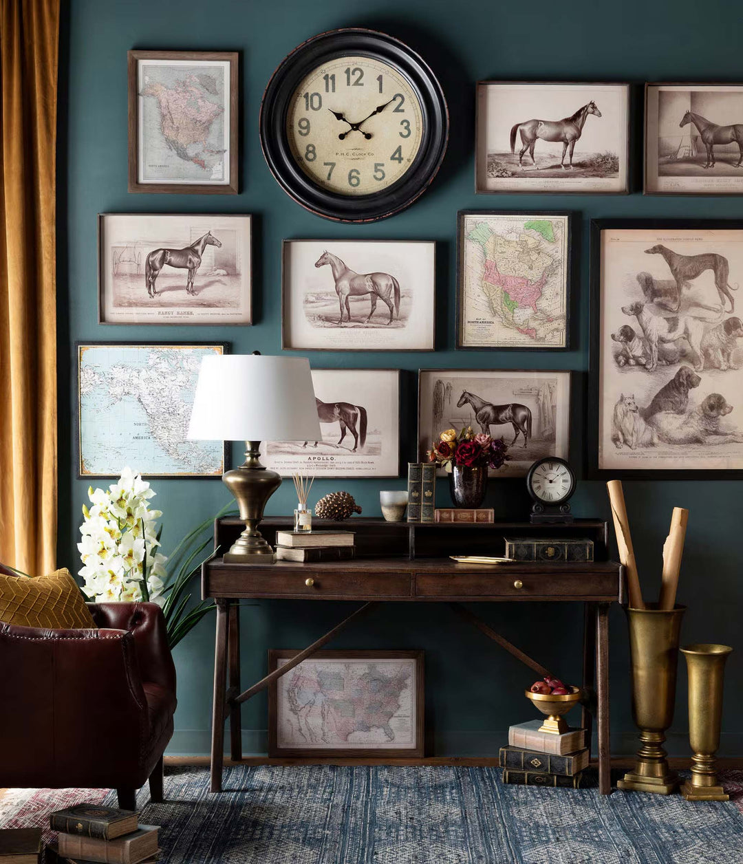Vintage wall art gallery with antique-style prints and retro posters in living room.