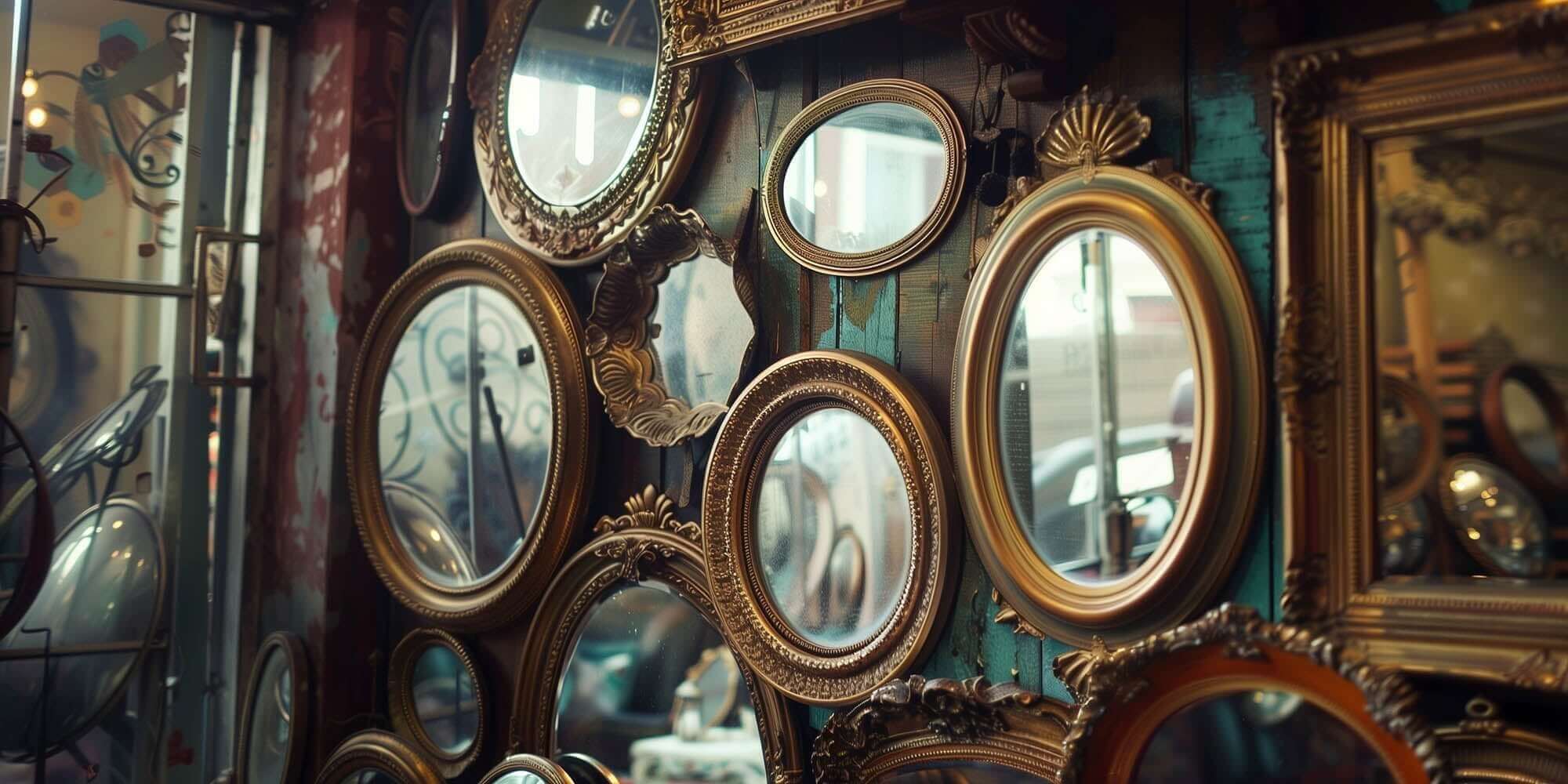 Vintage mirrors display featuring ornate frames and unique designs, enhancing home decor with charming vintage flair.