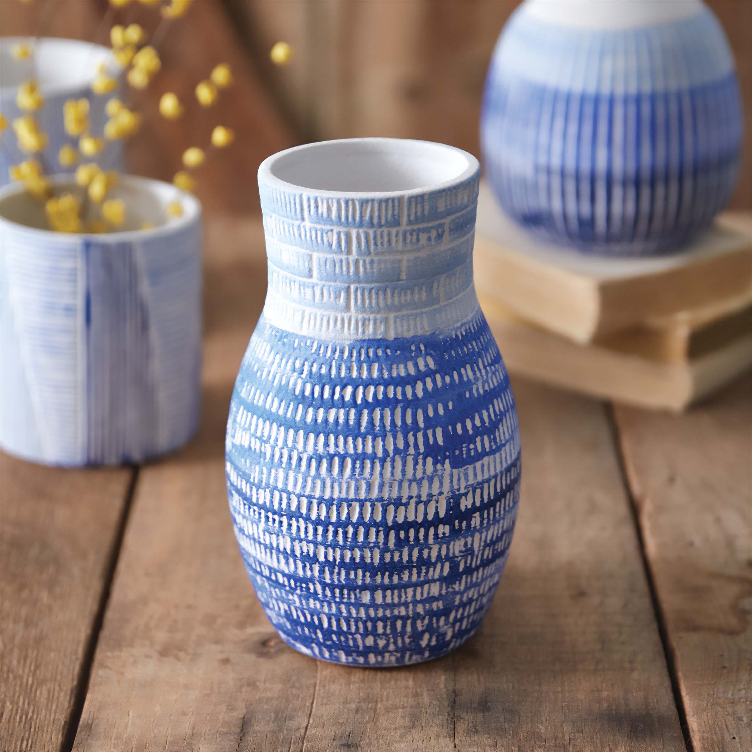 Vintage ceramic vase with blue and white pattern, part of the Vintage Vases & Vessels Collection by Vintage Shopper.