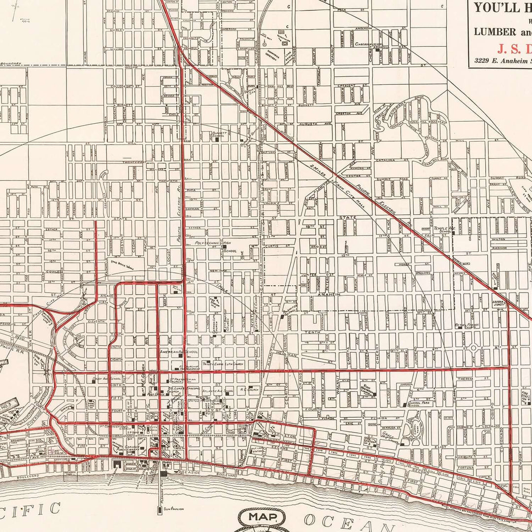 Antique Map of Long Beach, California from 1913