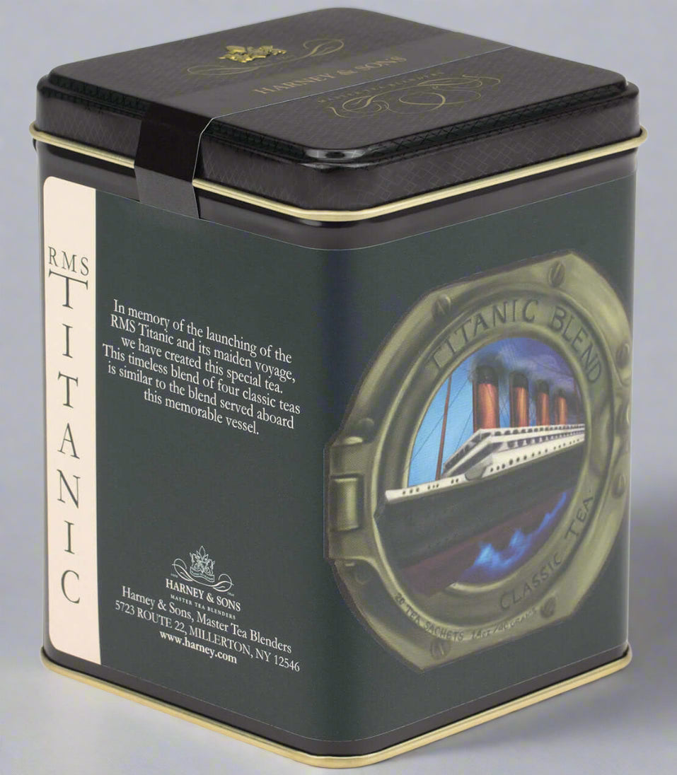 The RMS Titanic Blend Tea Tin (20 Sachets) featuring a classic ocean liner design.