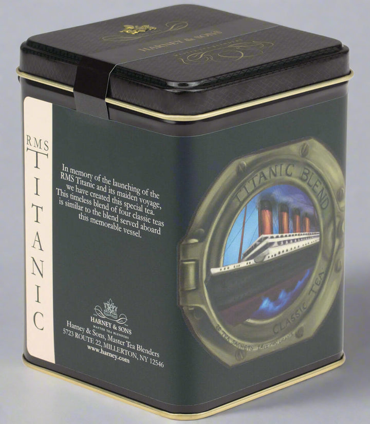 The RMS Titanic Blend Tea Tin (20 Sachets) featuring a classic ocean liner design.