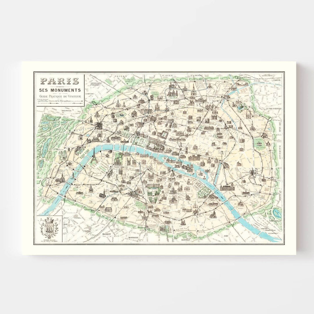 Antique Map of Paris, France from 1905