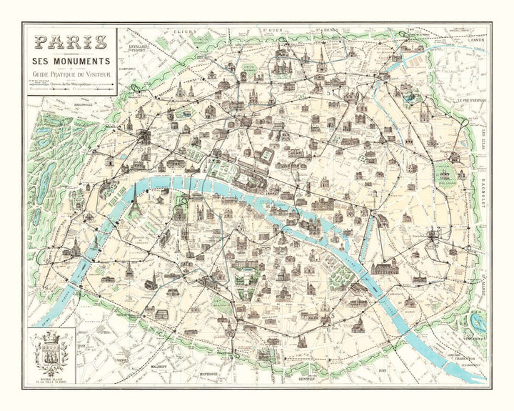 Antique Map of Paris, France from 1905