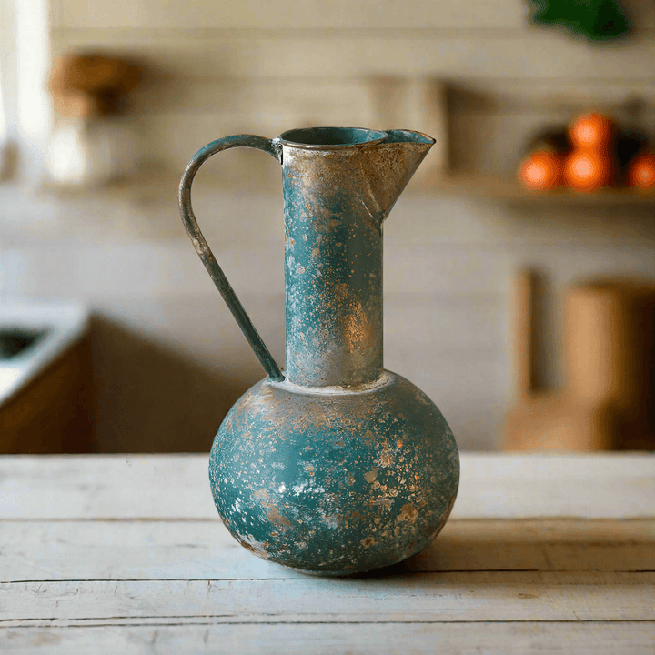 Antique oxidized metal pitcher vase with a patina finish, adding rustic charm to any vintage decor.