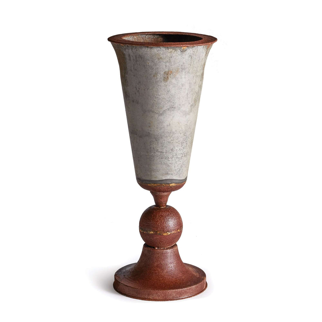 Antique Style Weathered Metal Urn Planter on white background