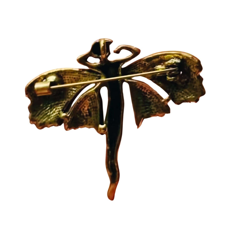 Art Nouveau Fairy Brooch with Enamel Wings and Rhinestones
