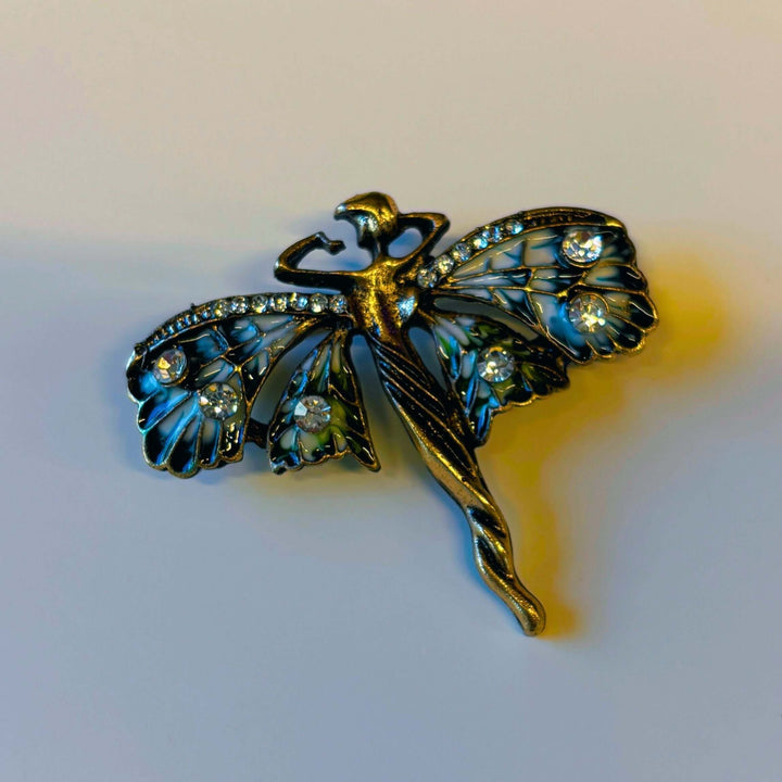 Art Nouveau Fairy Brooch with Enamel Wings and Rhinestones