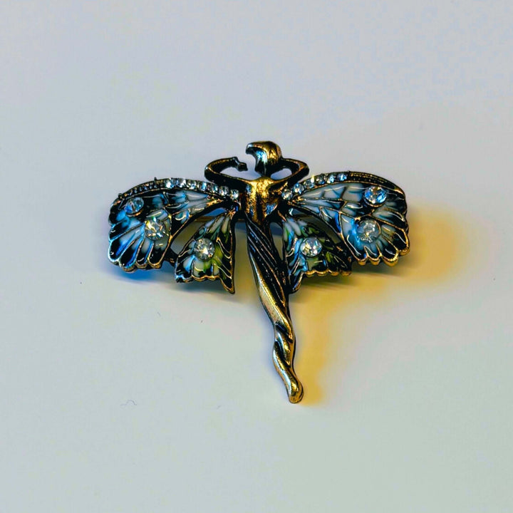 Art Nouveau Fairy Brooch with Enamel Wings and Rhinestones