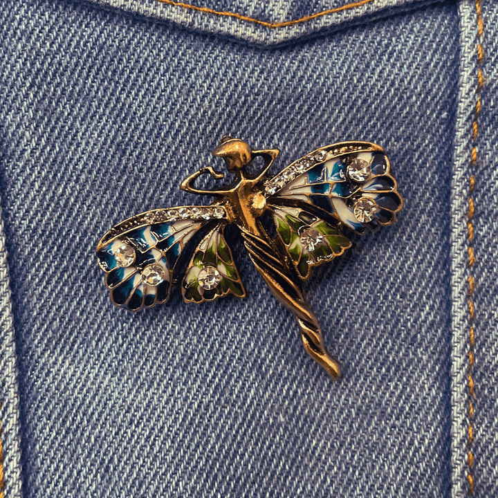 Art Nouveau Fairy Brooch with Enamel Wings and Rhinestones