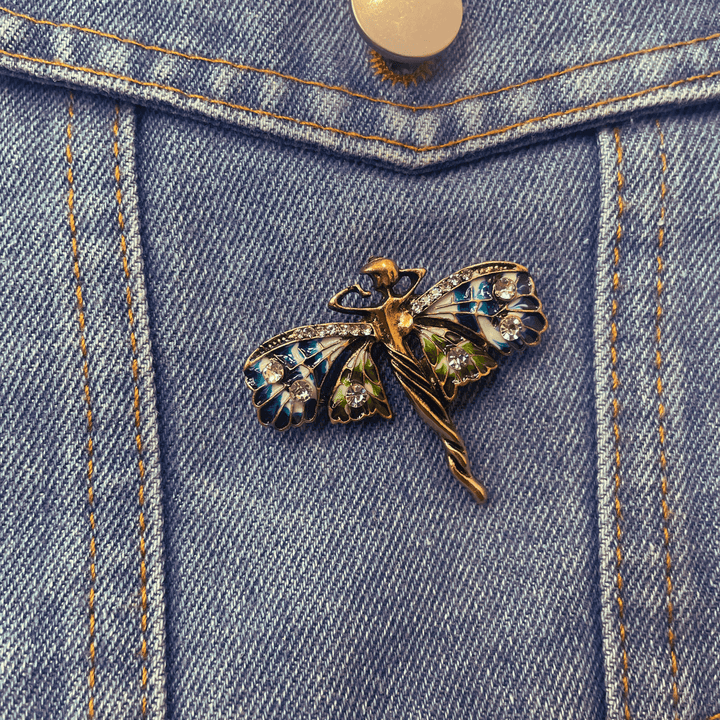 Art Nouveau Fairy Brooch with Enamel Wings and Rhinestones