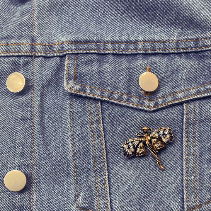 Art Nouveau Fairy Brooch with Enamel Wings and Rhinestones