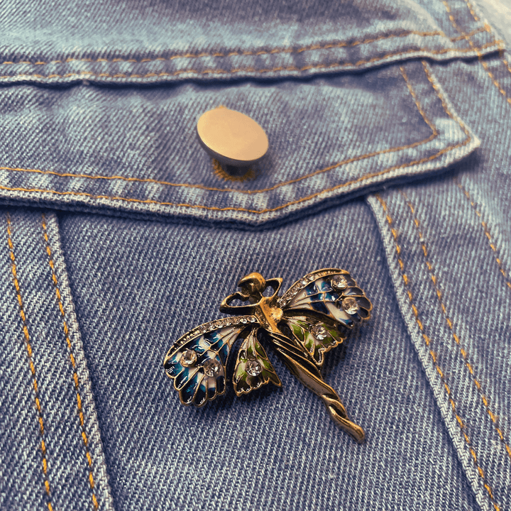 Art Nouveau Fairy Brooch with Enamel Wings and Rhinestones