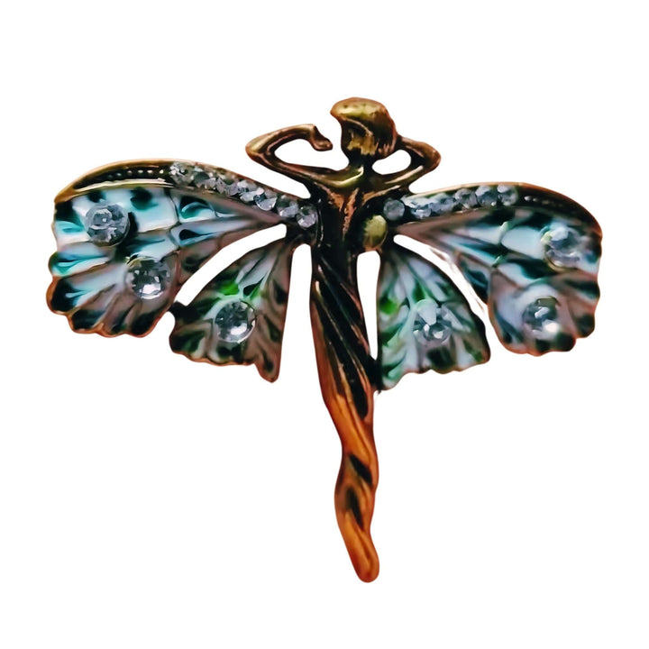 Art Nouveau Fairy Brooch with Enamel Wings and Rhinestones