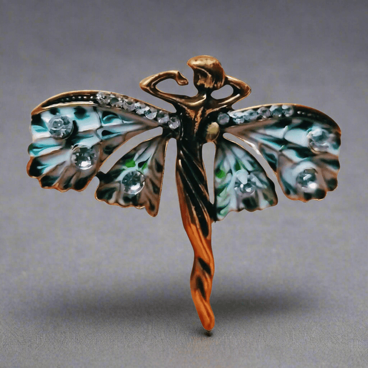 Art Nouveau Fairy Brooch with Enamel Wings and Rhinestones