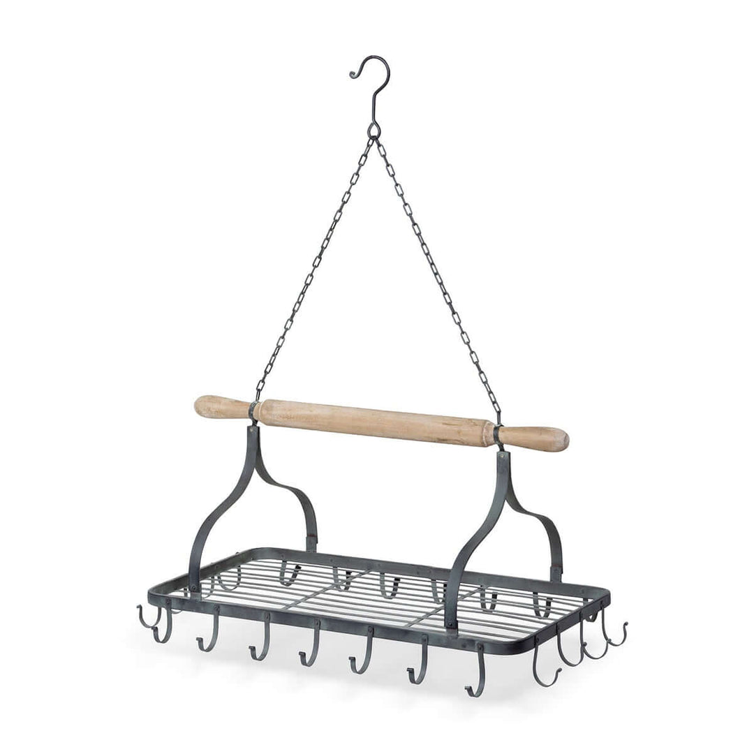 Farmhouse Hanging Pot Rack with wood rolling pin, iron frame, and hooks; vintage kitchen storage solution for cookware and utensils.