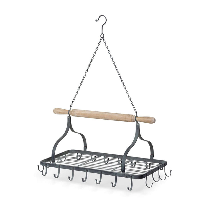 Farmhouse Hanging Pot Rack with wood rolling pin, iron frame, and hooks; vintage kitchen storage solution for cookware and utensils.