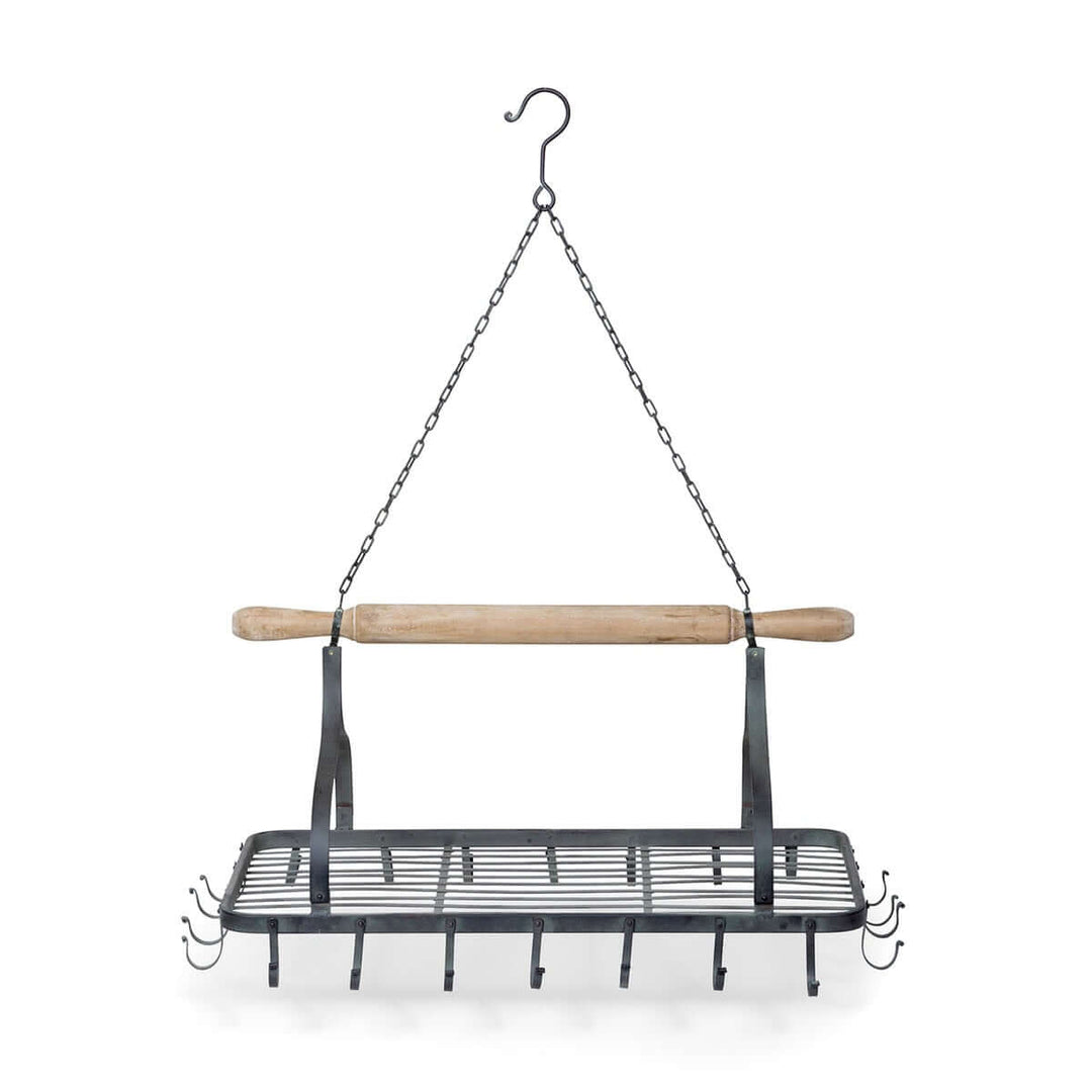 Farmhouse hanging pot rack with rolling pin and hooks, vintage-inspired kitchen storage solution in rustic design.