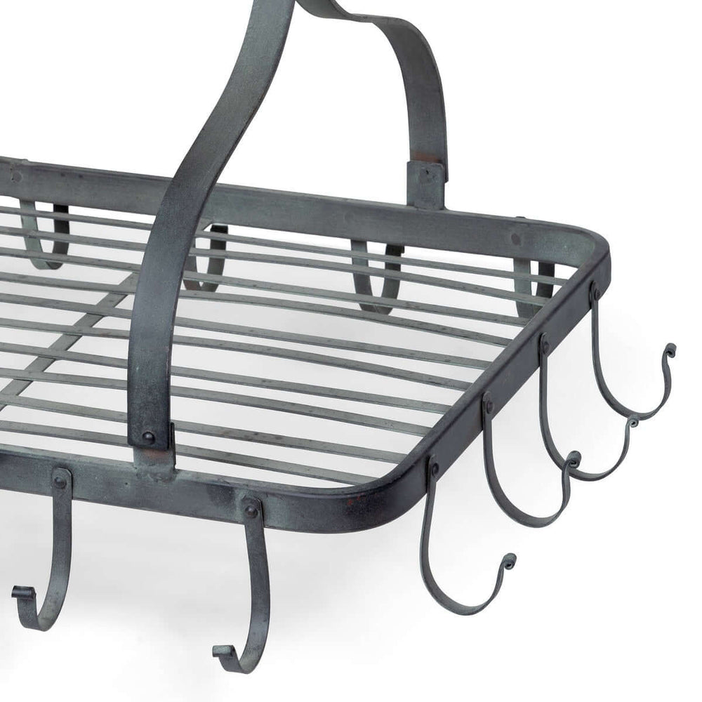 Farmhouse hanging pot rack with rolling pin, hooks, vintage-inspired design, rustic iron, traditional kitchen storage solution.