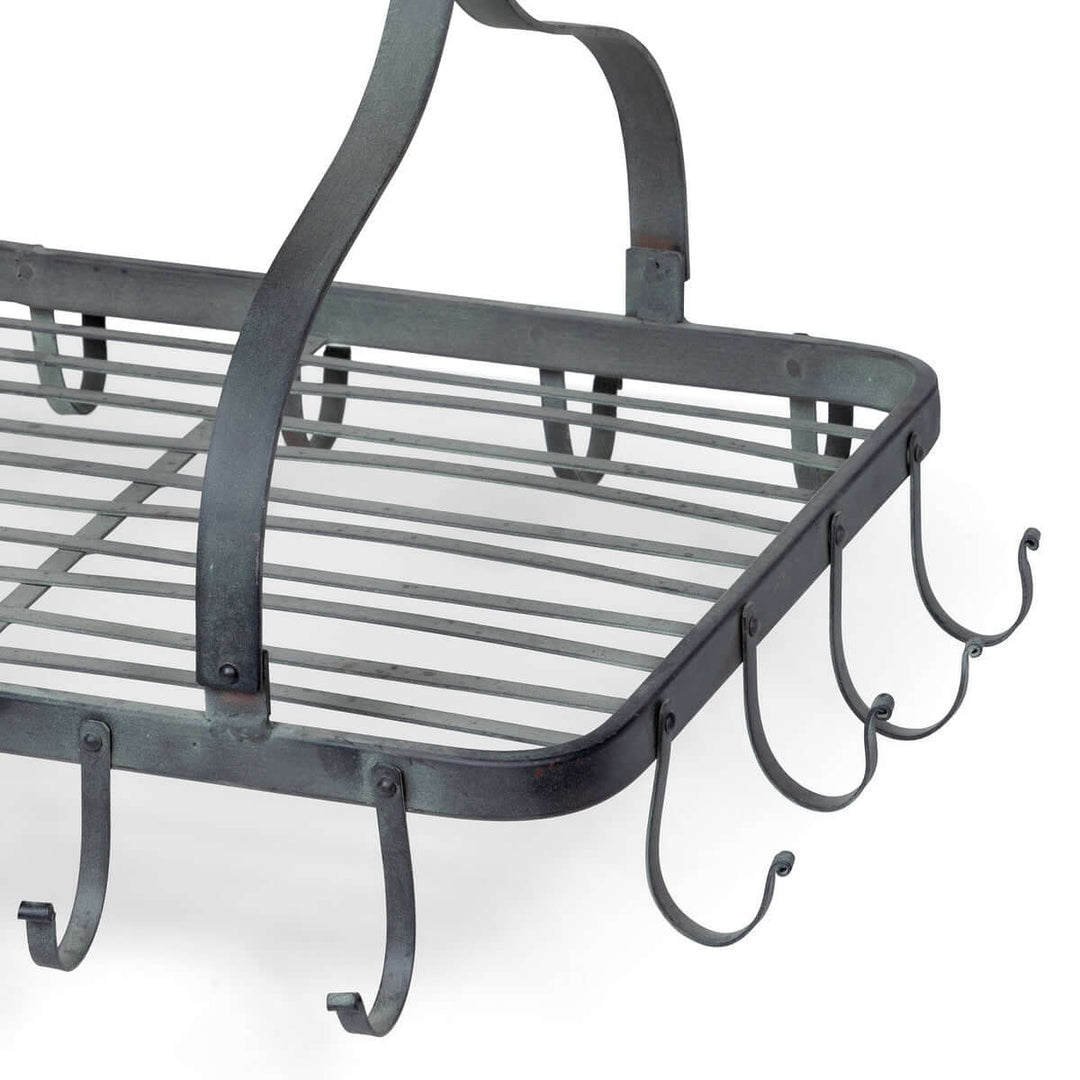 Farmhouse hanging pot rack with rolling pin, hooks, vintage-inspired design, rustic iron, traditional kitchen storage solution.