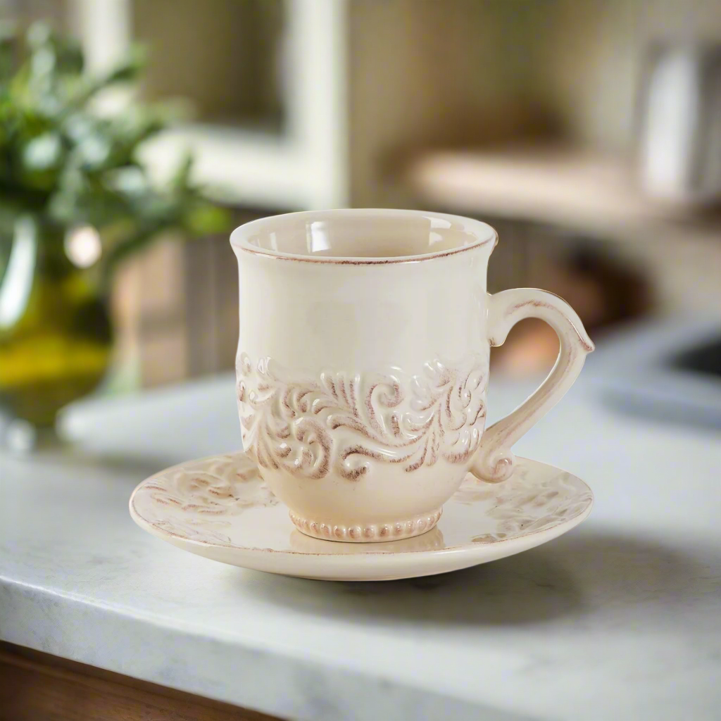 Vintage Cream Ceramic Cups and Saucers (Set of 4)