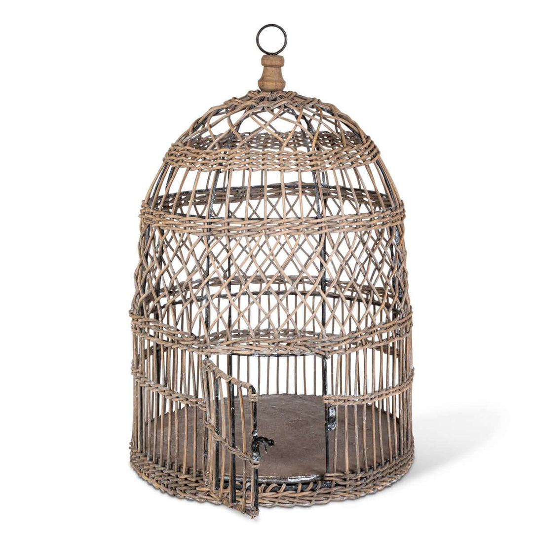 Vintage wicker and metal bird cage with intricate handwoven design, evokes romantic past and artisanal craftsmanship. Decorative accent.