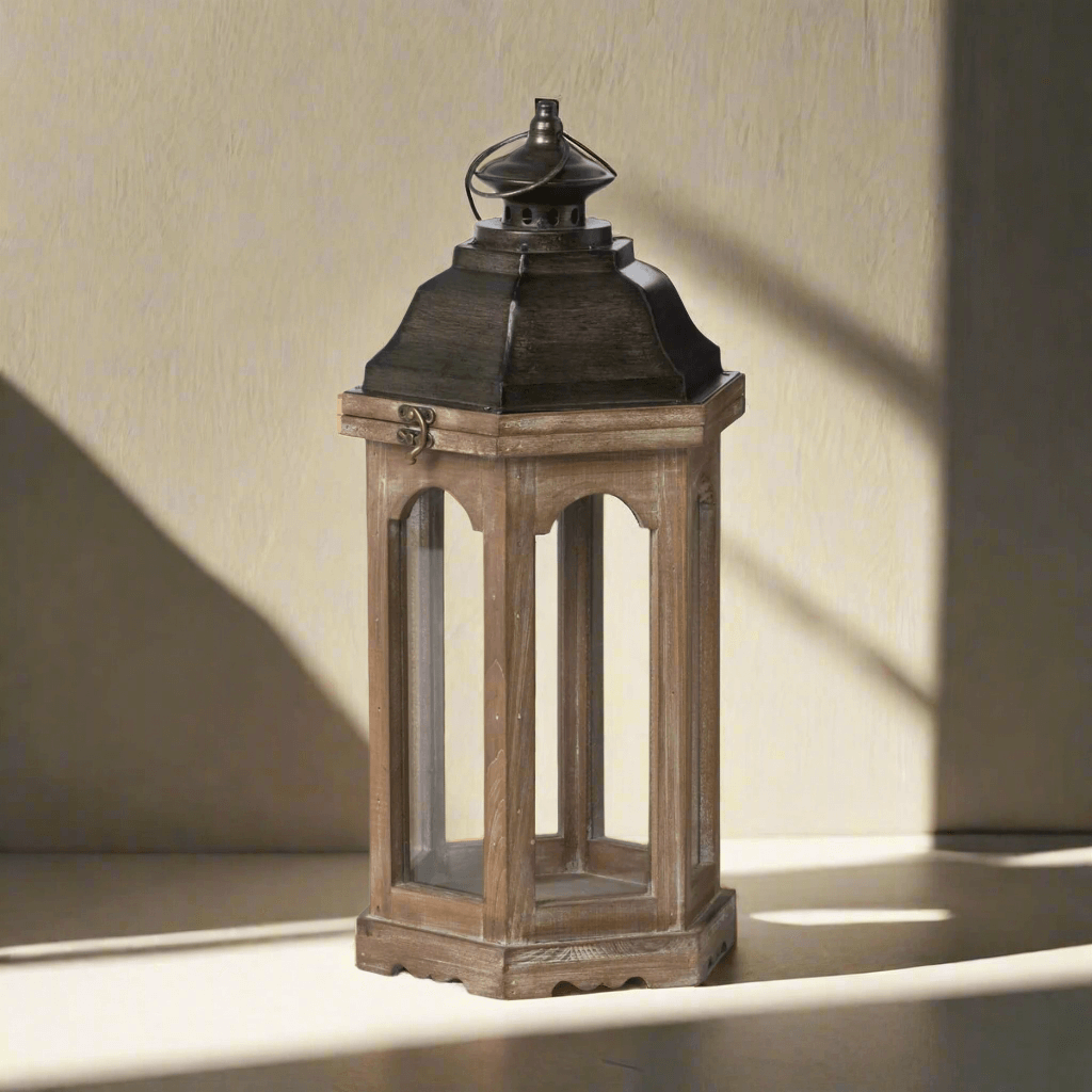 Vintage rustic wooden lantern with hexagonal design for farmhouse and cottage decor, casting a nostalgic shadow on a sunny day.