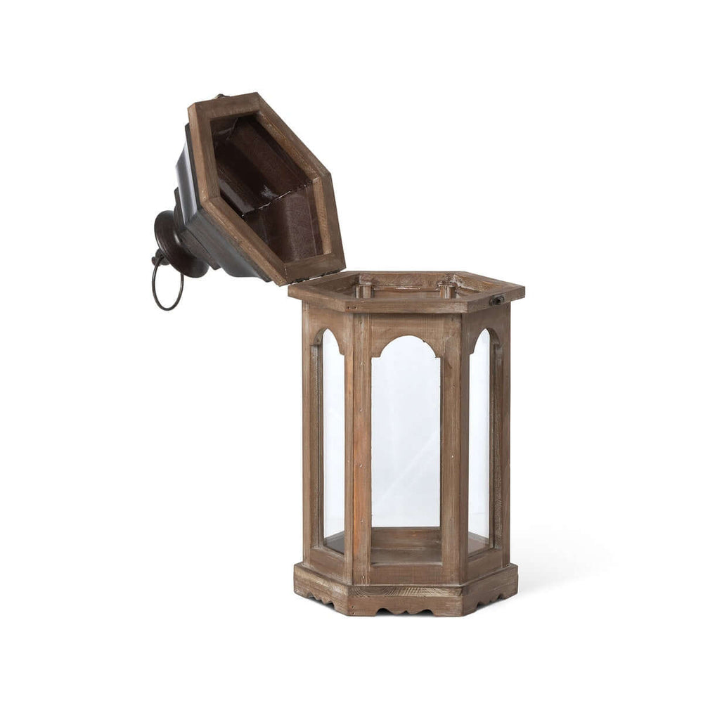 Vintage rustic wooden lantern with hexagonal shape for farmhouse and cottage decor, evokes warmth and nostalgia.
