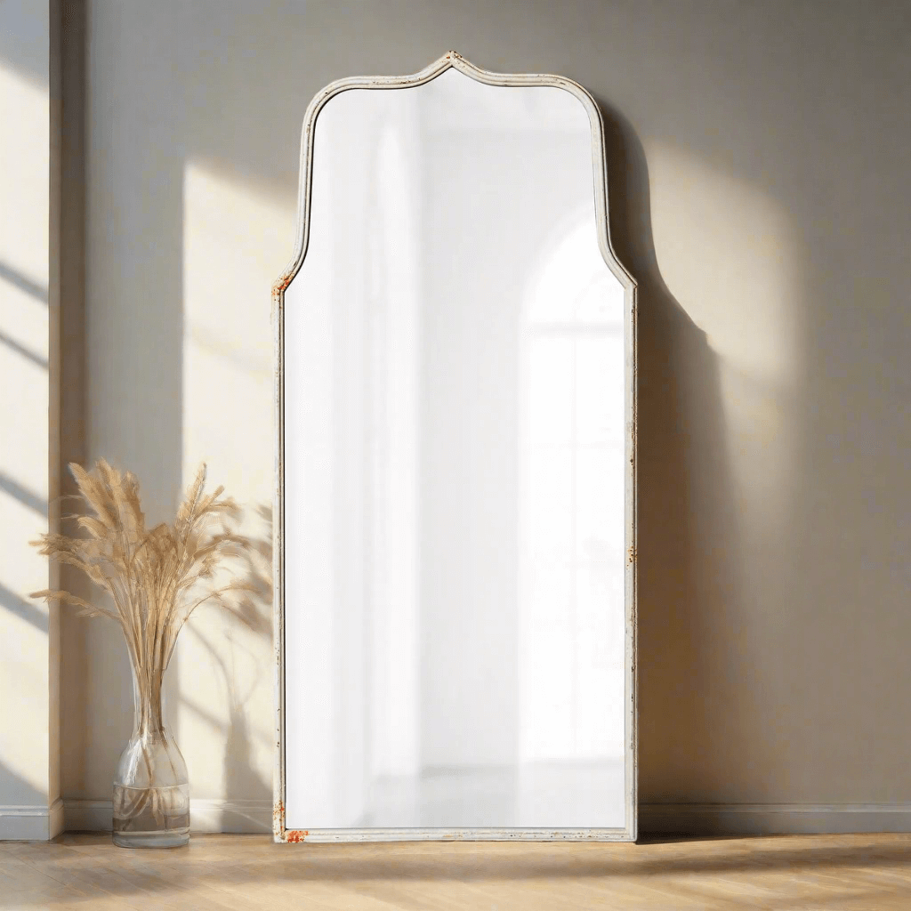 French Country arch mirror with distressed white frame in sunlit room, vintage elegance, rustic decor.