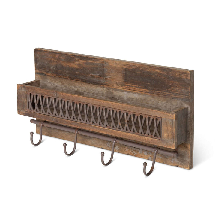 Farmhouse wall shelf with hooks and metal lattice accent, featuring rustic distressed wood design for elegant home organization.