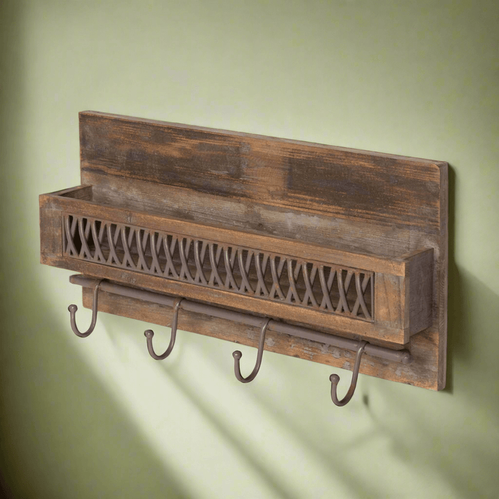 Rustic farmhouse wall shelf with metal lattice accent and hooks for organized and elegant home decor.