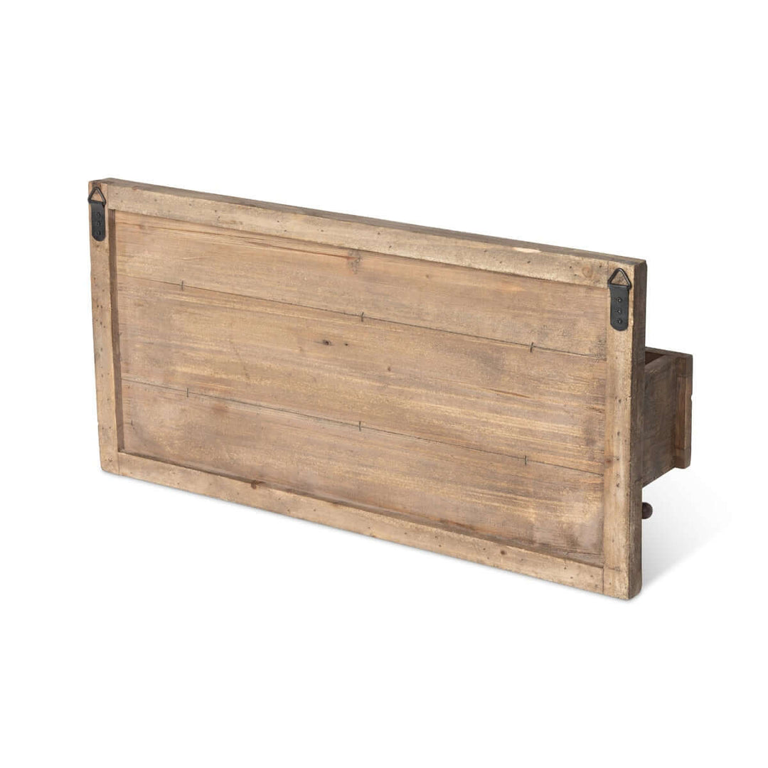 Rustic farmhouse wall shelf with distressed wood, metal lattice accent, and hooks for home decor. Ideal for organizing and display.