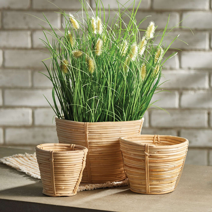 Handwoven Small Rattan Basket Planters placed on table. Grass is placed within the large planter.