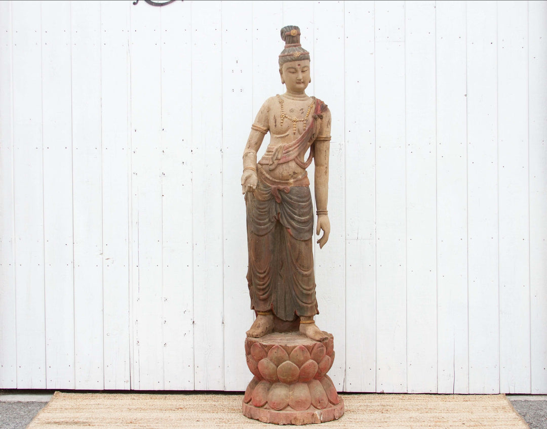Rare Standing Antique Guan Yin Buddha Statue on Lotus Base