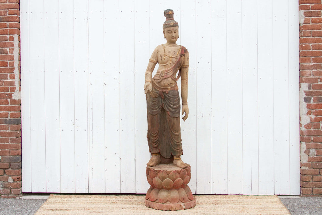 Rare Standing Antique Guan Yin Buddha Statue on Lotus Base