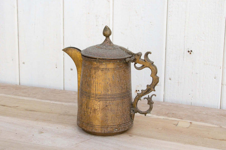 Antique English Brass Kettle with Ornate Handle