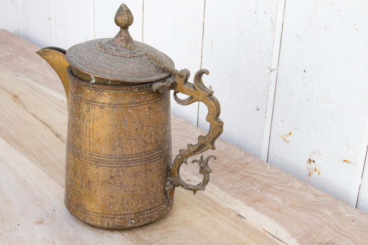 Antique English Brass Kettle with Ornate Handle