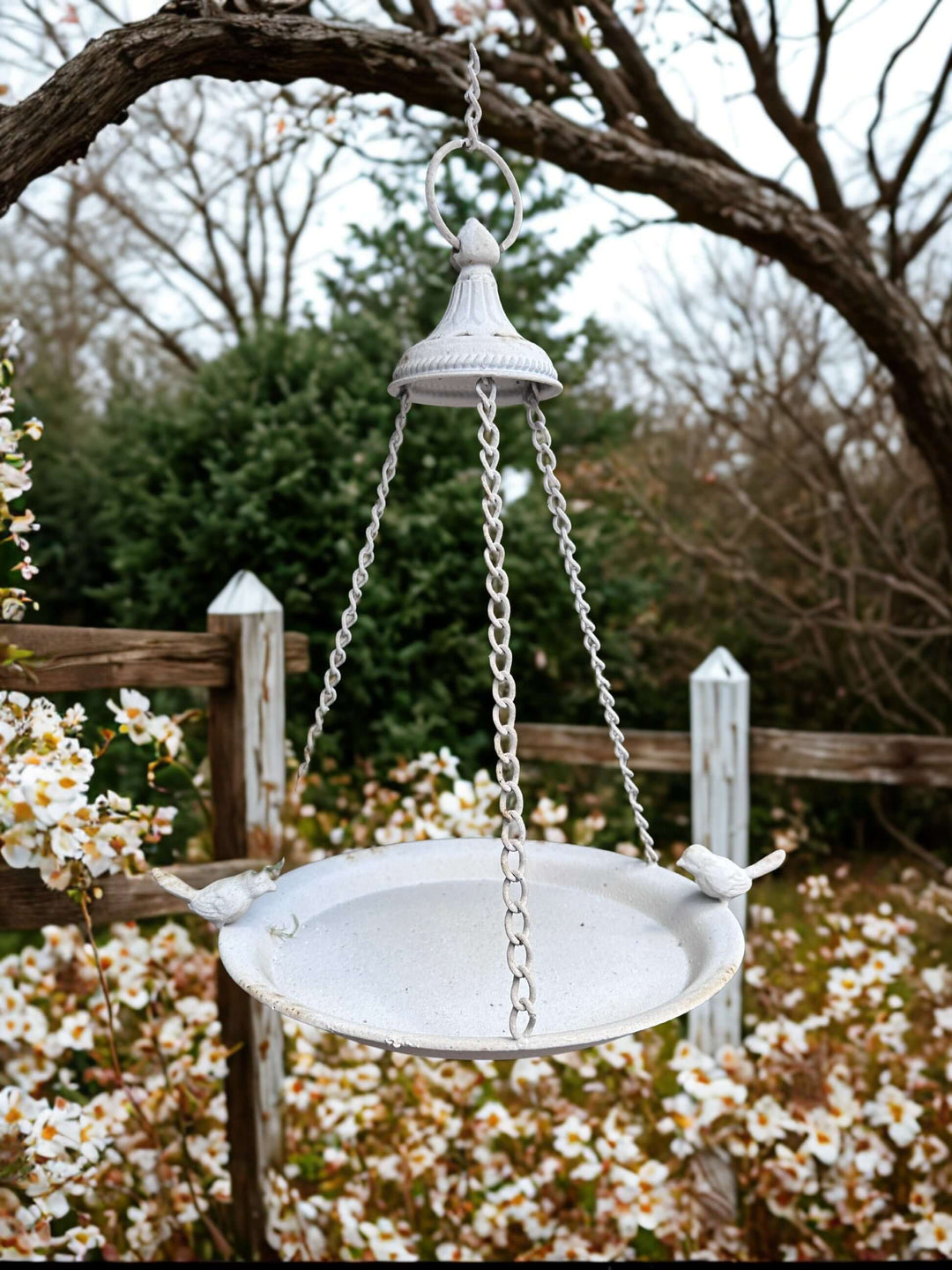 Vintage distressed white hanging bird feeder in garden setting with floral backdrop, evoking timeless beauty and nostalgia.