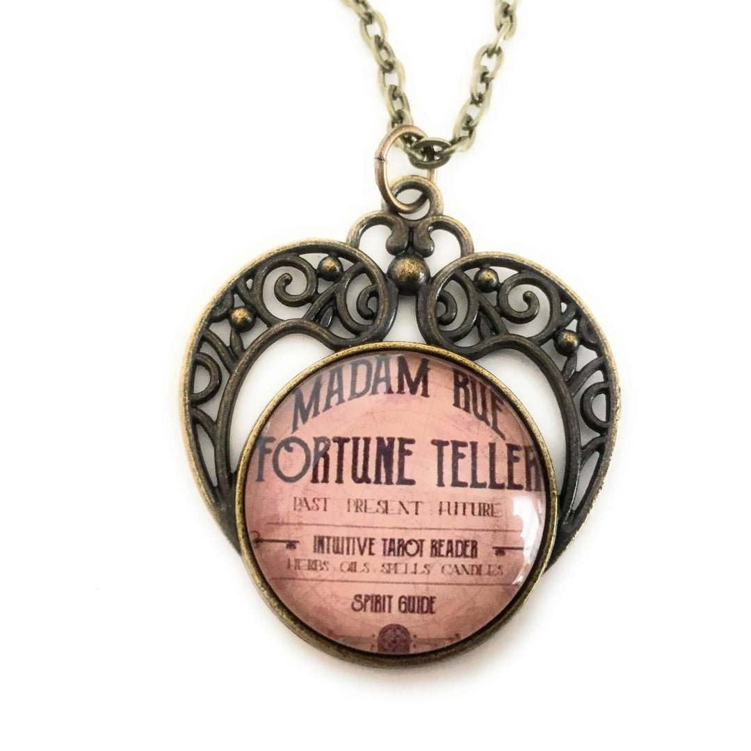 Vintage Fortune Teller Necklace with Madam Rue ad in antique-style pendant