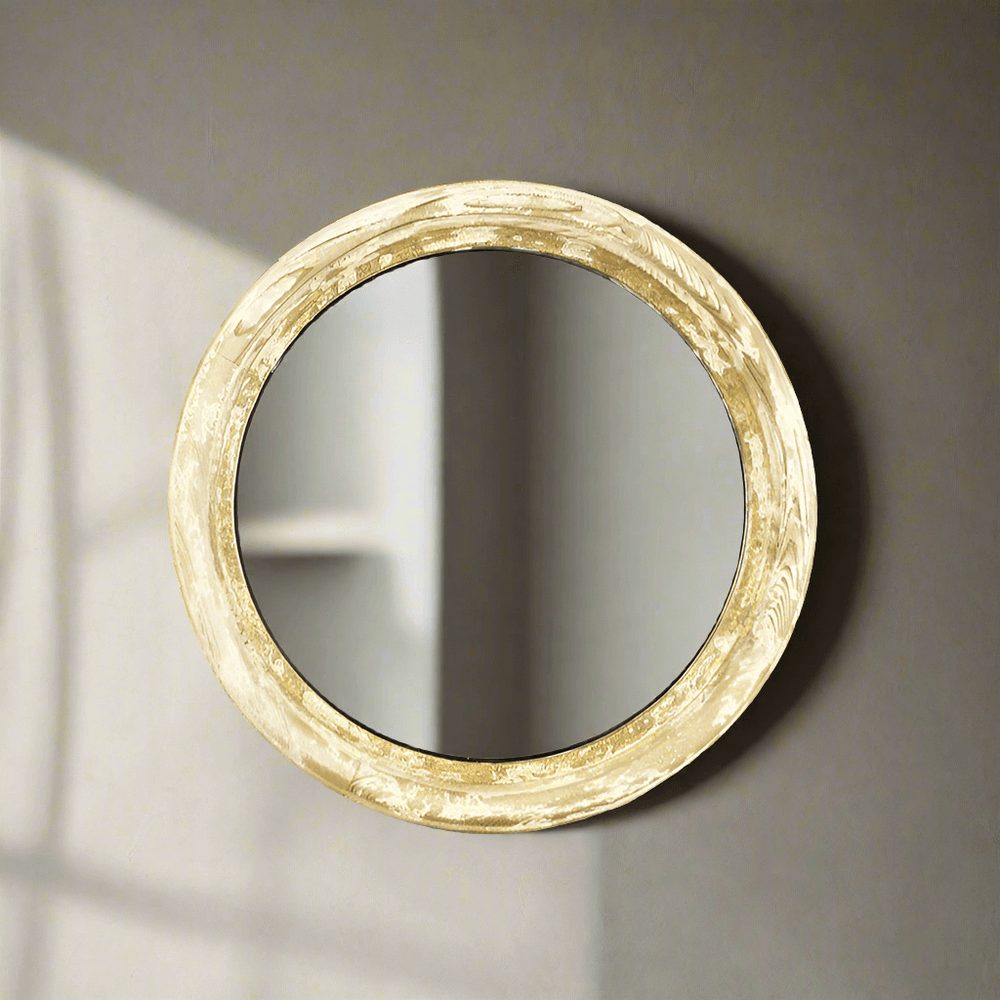 Round distressed wood wall mirror with an antique finish, perfect for rustic and coastal decor.