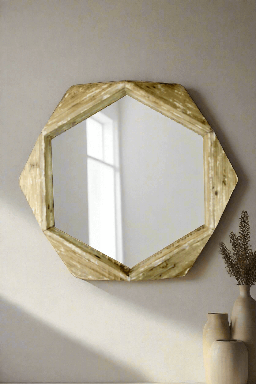 Rustic hexagonal wood wall mirror with distressed frame, adding charm to modern farmhouse decor.