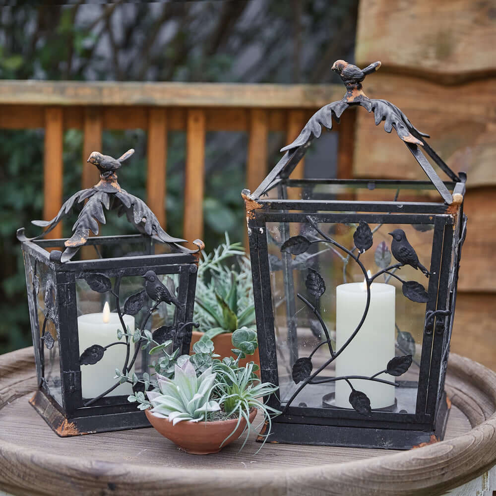 Set of two rustic woodland lanterns with metal frames and decorative bird tops, perfect for home decor.