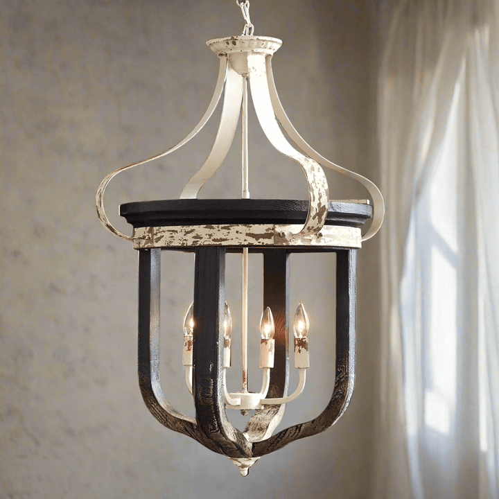 Rustic vintage farmhouse chandelier with distressed white and dark wood accents, ideal for chic home decor.