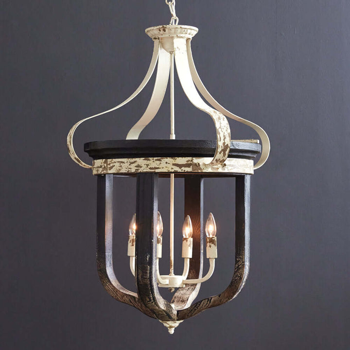 Rustic vintage farmhouse chandelier with distressed white finish and dark wood accents, perfect for stylish home decor.