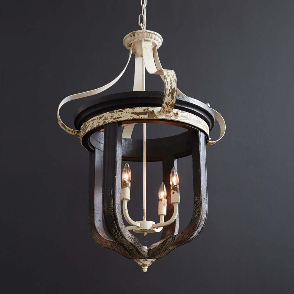 Rustic Vintage Farmhouse Chandelier with distressed white finish and dark wood accents, perfect for home decor.