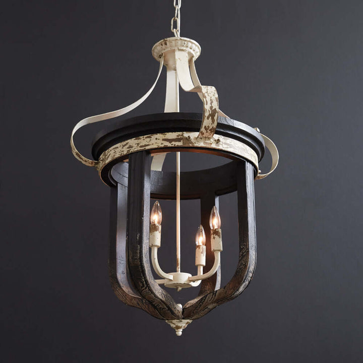 Rustic Vintage Farmhouse Chandelier with distressed white finish and dark wood accents, perfect for home decor.