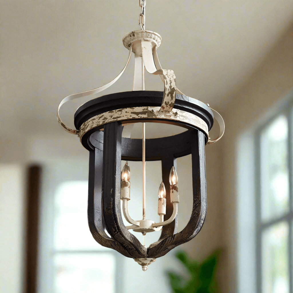 Rustic vintage farmhouse chandelier with distressed white finish and dark wood accents, perfect for stylish home decor.