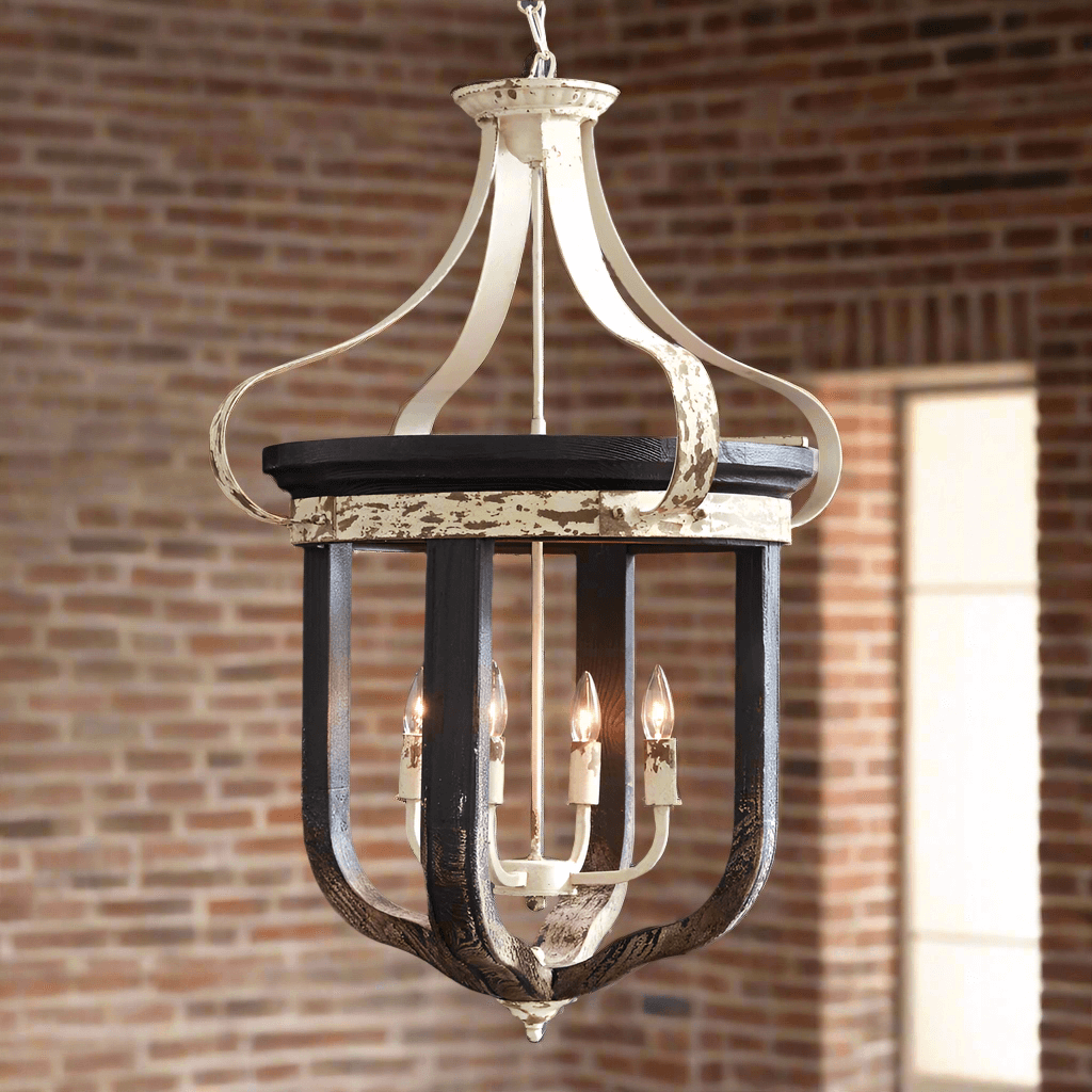 Rustic vintage farmhouse chandelier with distressed white and dark wood accents, perfect for cozy interiors.
