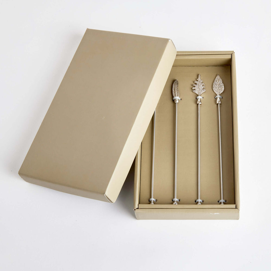 Silver Leaf Stainless Steel Swizzle Stick Set in a gift box