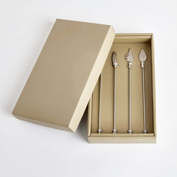 Silver Leaf Stainless Steel Swizzle Stick Set in a gift box
